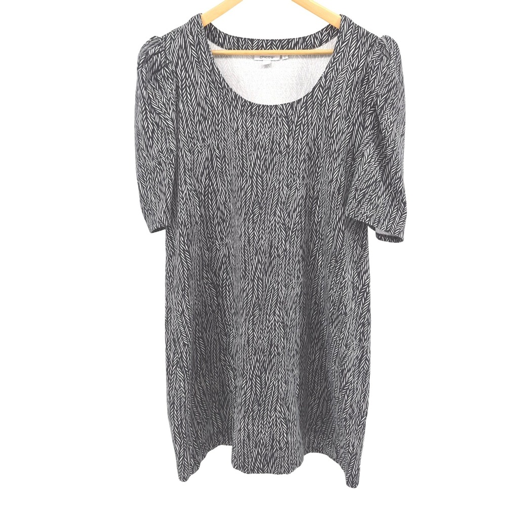 Chicos Size 3 Black White Abstract Print Puff Sleeve Scoop Neck Dress Sz XL Work